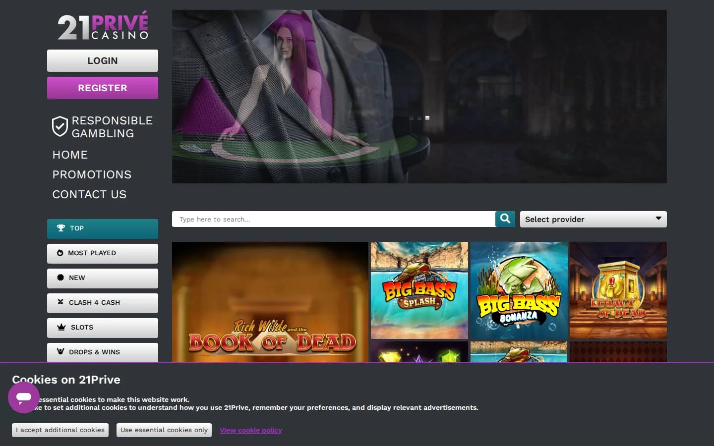 21Prive's homepage: login and register buttons, the side menu, a game search with a provider filter and the top slots