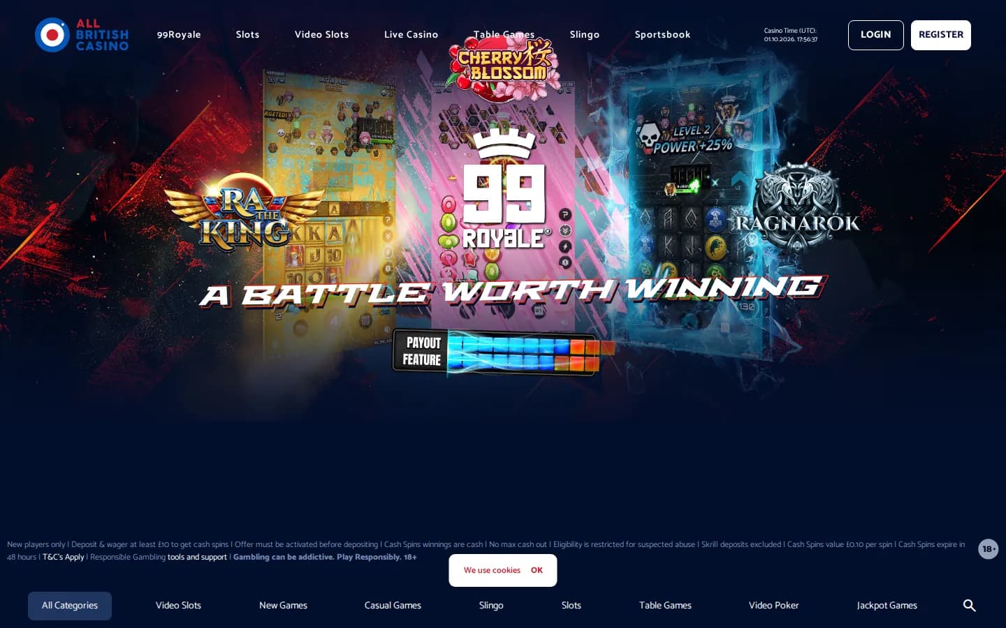 All British Casino's homepage: the top menu, a slot tournament hero and the game category bar