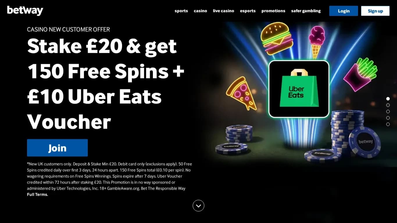 Betway's homepage: the main menu and the casino new customer offer with its terms