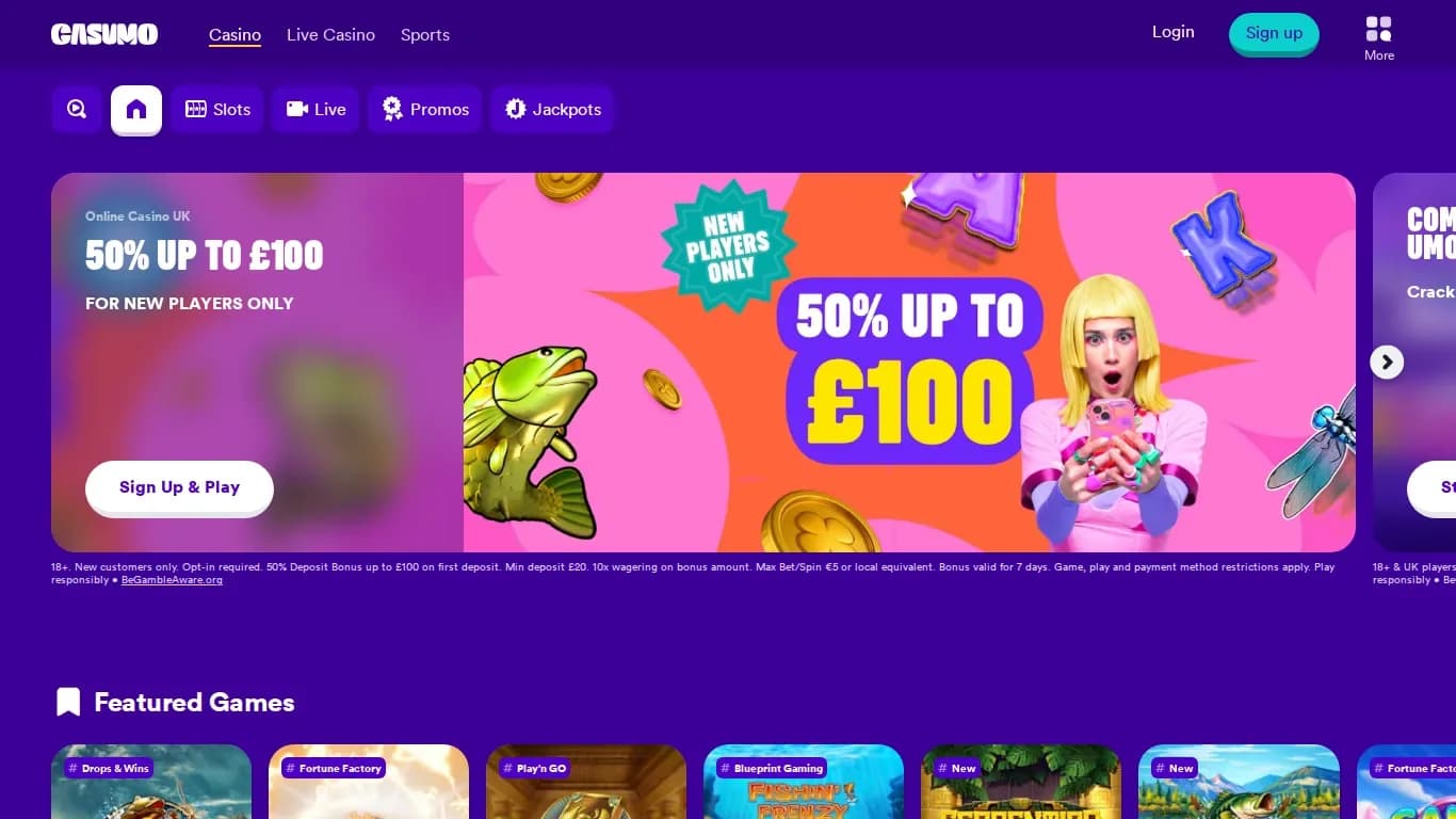 Casumo's homepage: the casino menu, the welcome offer banner with its terms and the featured games
