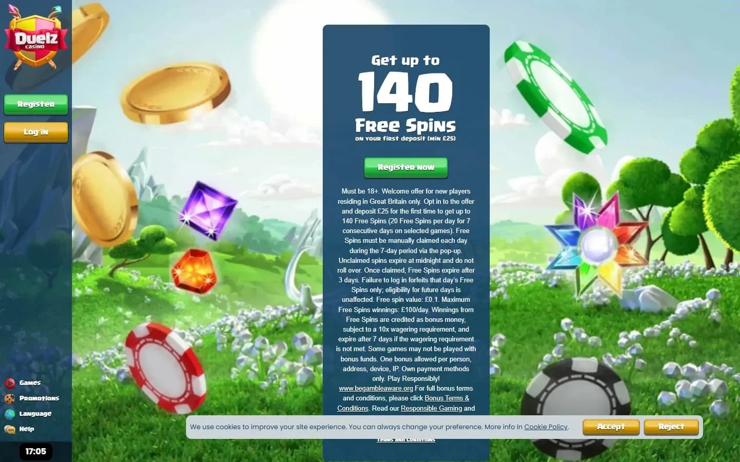 Duelz's homepage: the side menu and the welcome offer panel with its terms