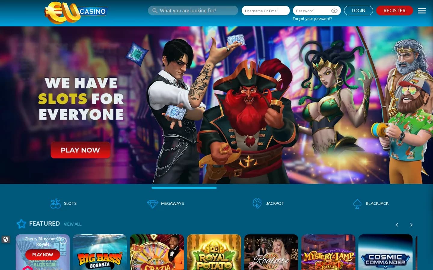 EU Casino's homepage: the login fields, a slots hero, the game categories and the featured games row