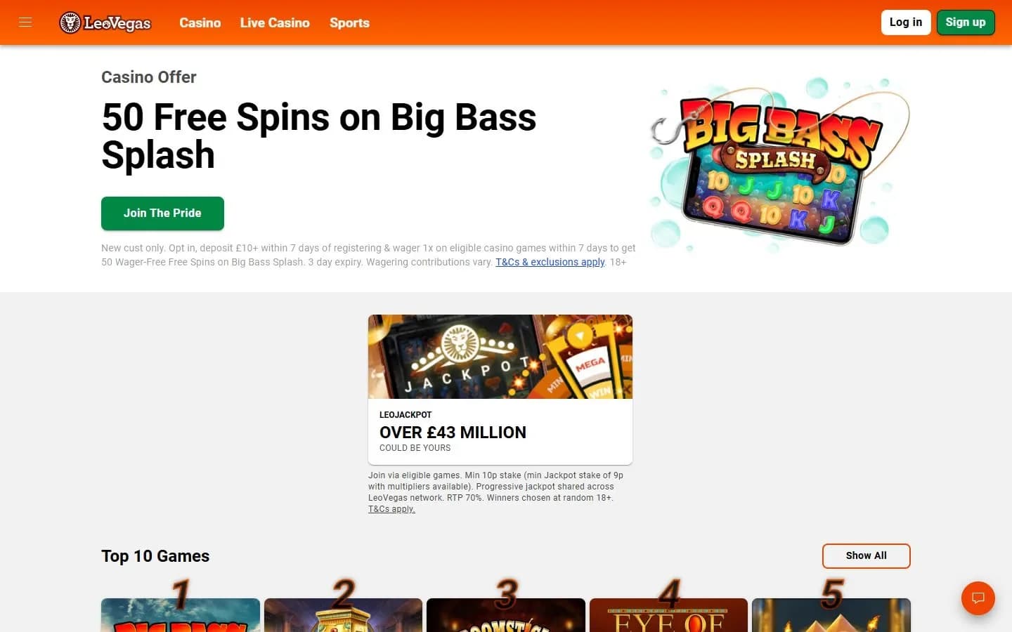 LeoVegas' homepage: the casino offer panel with its terms, a LeoJackpot tile and the top 10 games
