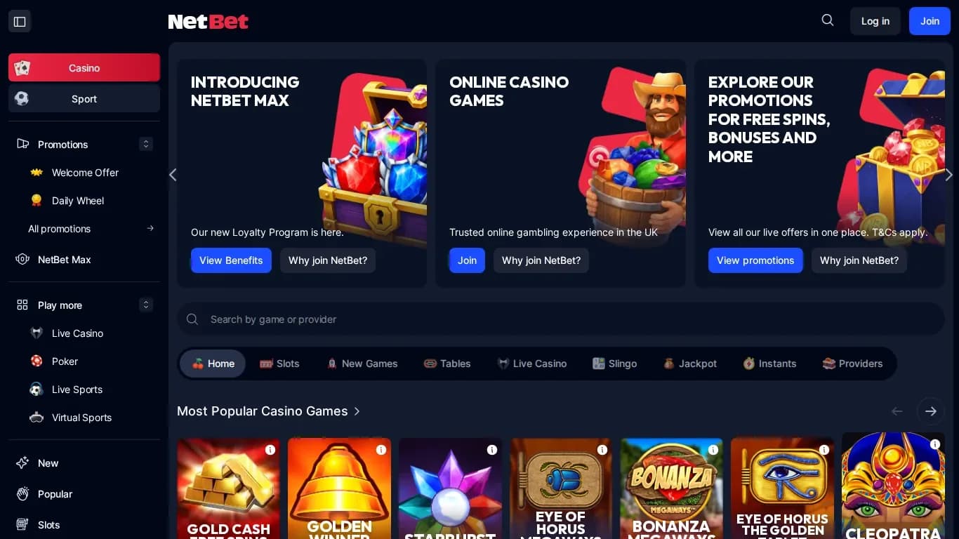 NetBet's casino homepage: the side menu, three promotion tiles, the game search and the most popular slots