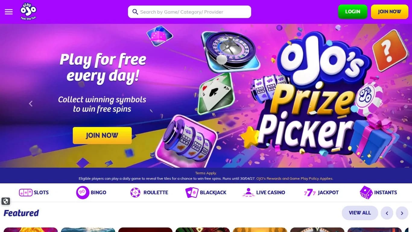 PlayOJO's homepage: a game search bar, a Prize Picker hero and the row of slots, bingo, roulette, blackjack, live casino, jackpot and instants