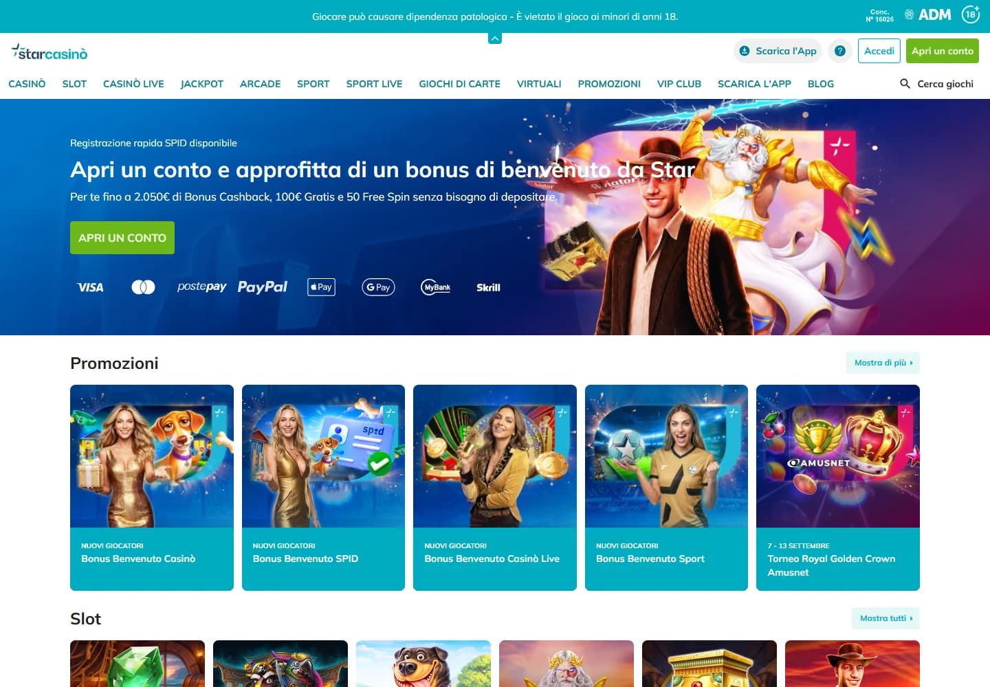 StarCasino Italian homepage captured at 1440 by 1000 pixels, showing navigation, its published welcome promotion and casino categories