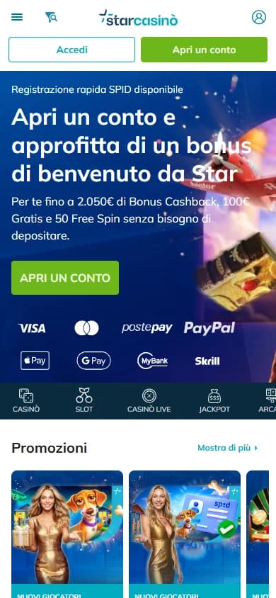 StarCasino Italian homepage captured at 390 by 844 pixels, showing navigation, its published welcome promotion and casino categories