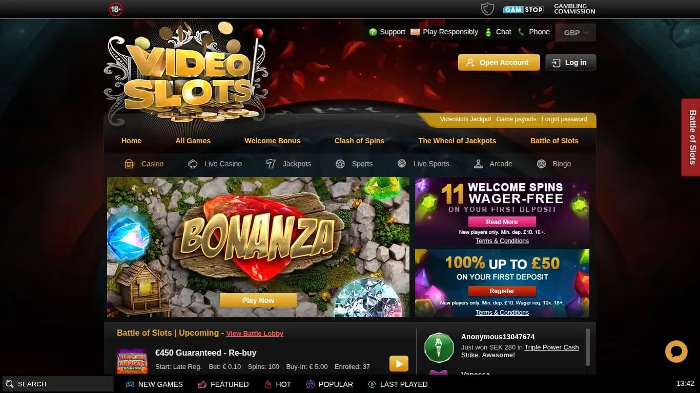 Videoslots' homepage: the main menu, a slot banner, two welcome offer banners and the Battle of Slots lobby