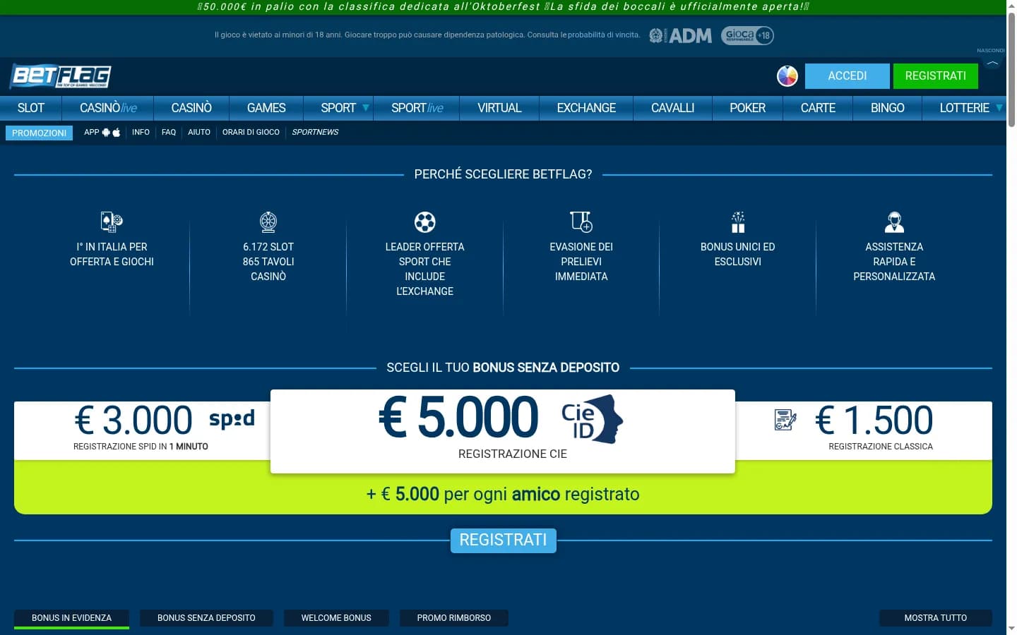 Betflag's homepage, with a menu from Slot to Lotterie that includes Exchange and Cavalli, a 'Perché scegliere Betflag?' strip and no-deposit sign-up offers for SPID, CIE and standard registration.