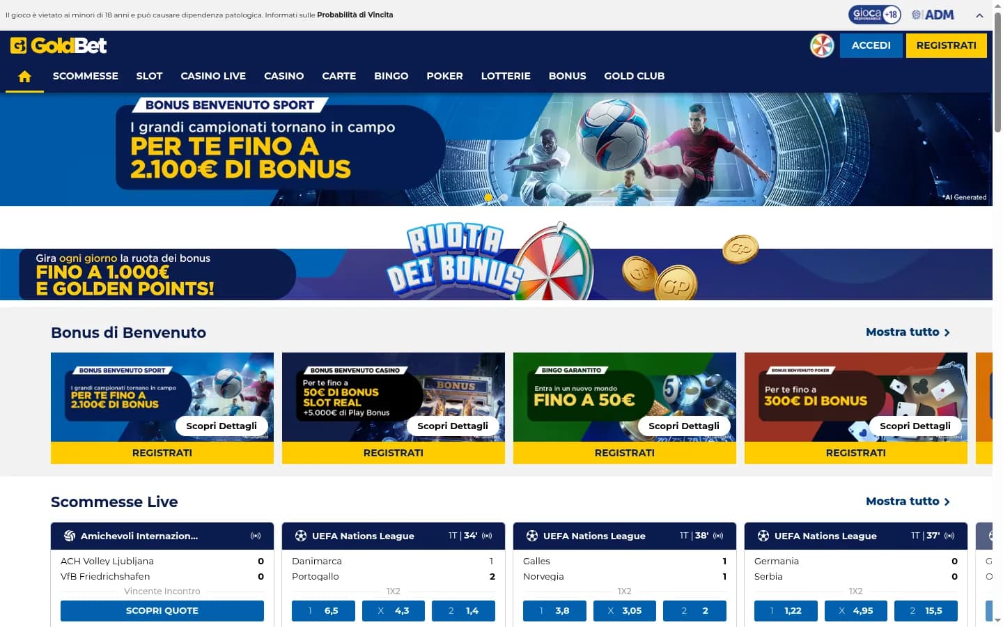 Goldbet's homepage, with a navy menu from Scommesse to Gold Club, a sports welcome-bonus banner, the Ruota dei Bonus wheel banner, welcome-offer cards and live-betting odds.