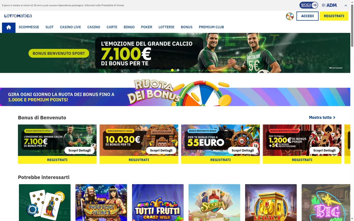 Lottomatica's homepage, with its menu from Scommesse to Premium Club, a sports welcome-bonus banner, the Ruota dei Bonus wheel banner and a row of welcome-offer cards.