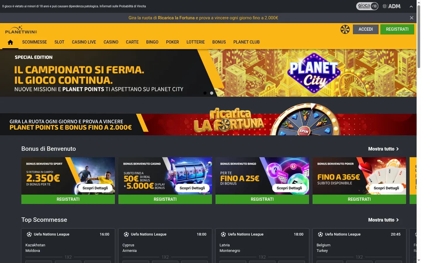 Planetwin365's homepage, with a yellow menu bar from Scommesse to Planet Club, a Planet City banner, the Ricarica la Fortuna wheel banner, welcome-offer cards and Nations League odds.