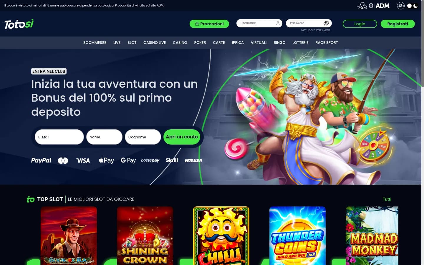 Totosì's homepage, with a menu from Scommesse to Race Sport, an 'Entra nel club' sign-up form with payment logos from PayPal to Neteller beneath it, an illustrated hero image and a Top Slot row.